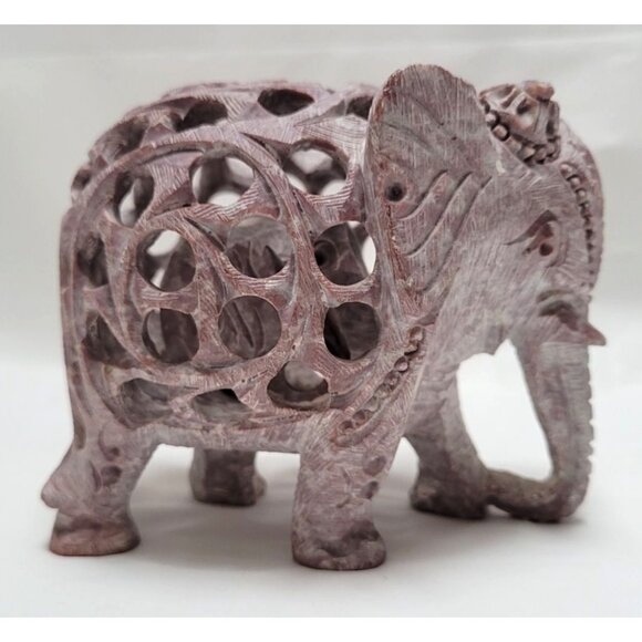 Vintage Hand Carved Soapstone Jali Design Mother Elephant Figure Baby Inside - Picture 3 of 7